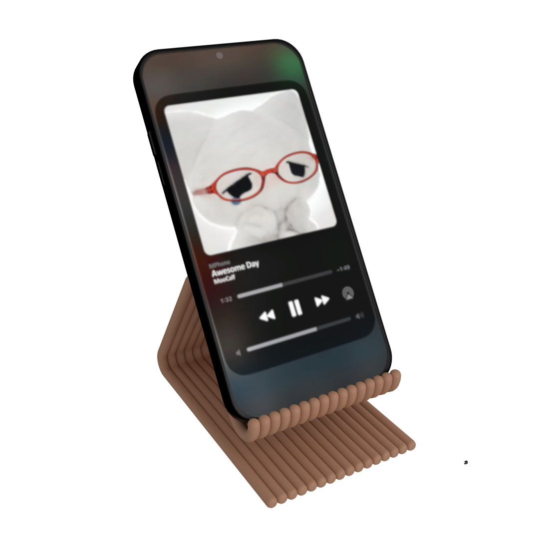 Organizer Set phone stand: a ribbed tan stand holding a phone that is playing music